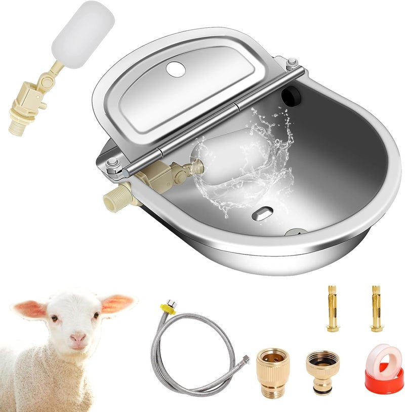 Piwerod Automatic Livestock Water Bowl-304 Stainless Steel Water Bowl with Dual Float Valves, 39 inch Water Hose, Quick Hose Connector, Pet & Livestock Drinking Trough for Dogs, Horses, Cattle, Goats - Image 1